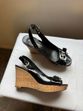 Franco Sarto Carnival Slingback Wedge Pumps Black Patent Leather Size 10